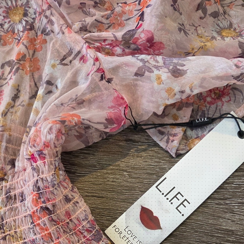 L.I.F.E. Floral Maxi Dress Sheer V-Neck Smocked Waist Slits Size XL - Picture 4 of 7
